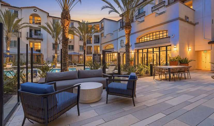 Sola at Pacific Highlands Ranch: Cozy outdoor fire pit area at luxury apartments in San Diego