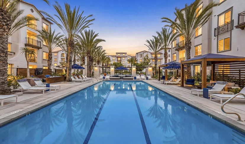 Resort-style pool at Sola at Pacific Highlands Ranch Apartments offering lush landscapes and luxury leisure spaces