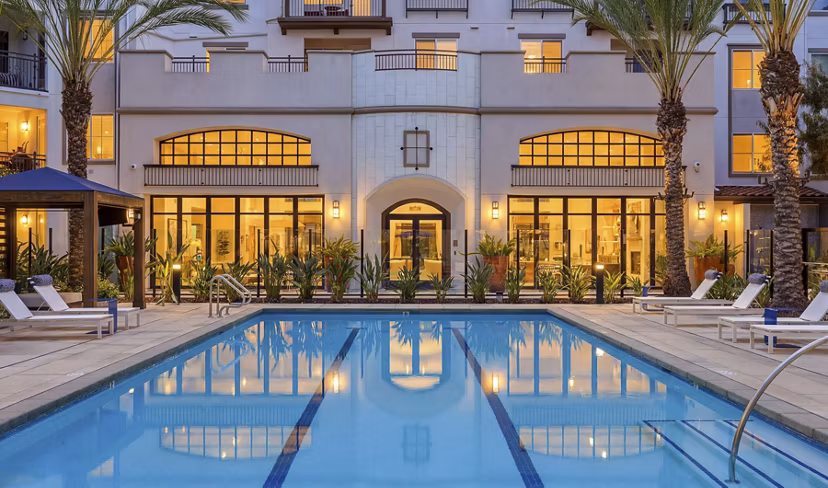 Resort-style pool with cabanas at Sola at Pacific Highlands Ranch Apartments, luxury living in San Diego