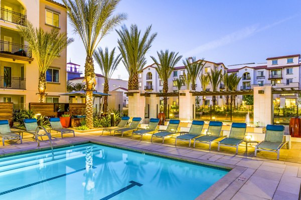 Resort-style pool with cabanas at Sola at Pacific Highlands Ranch Apartments, luxury living in San Diego