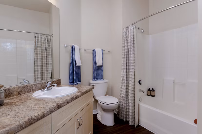 Bathroom with modern fixtures at Missions at Sunbow Apartments, luxury living near San Diego