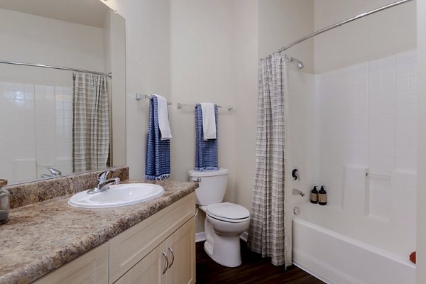 Bathroom with modern fixtures at Missions at Sunbow Apartments, luxury living near San Diego