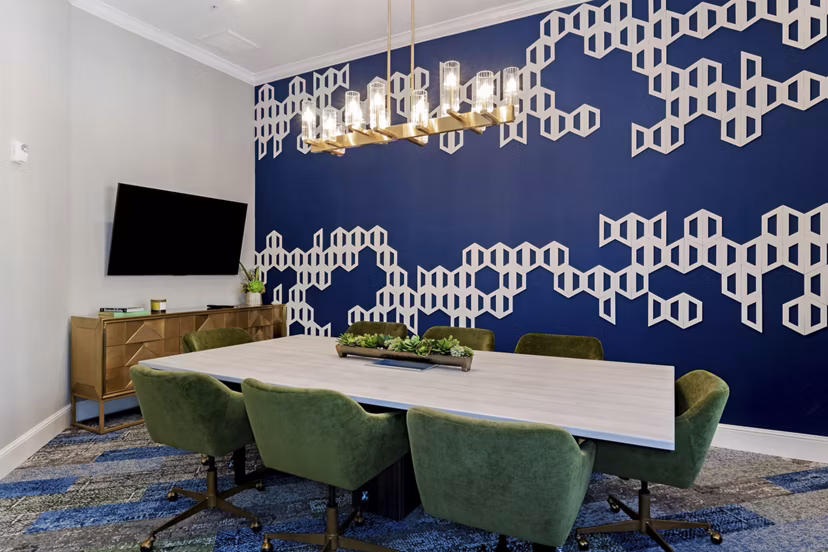 Meeting room with conference setup at Missions at Sunbow Apartments