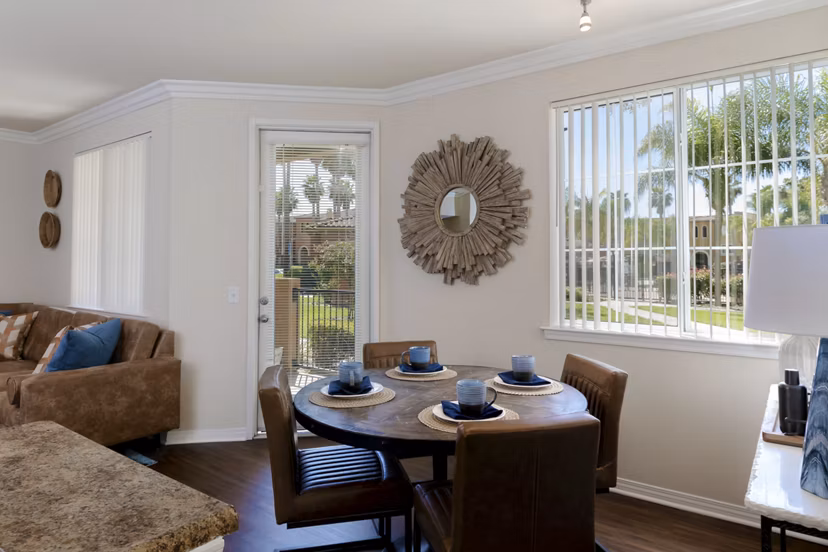 Dining area with modern furnishings at Missions at Sunbow Apartments