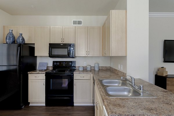 Modern kitchen with stainless steel appliances at Missions at Sunbow Apartments, a luxury living community in Chula Vista