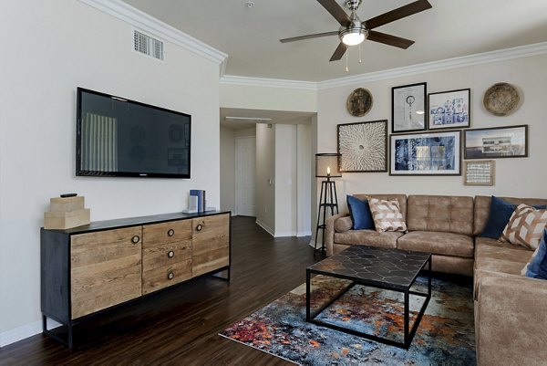 Cozy living room with stylish decor at Missions at Sunbow Apartments, ideal for relaxation and entertainment