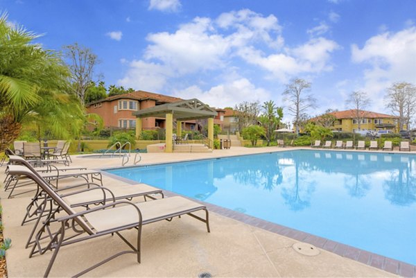 Resort-style pool area with lush landscaping at Sunbow Villas Apartments