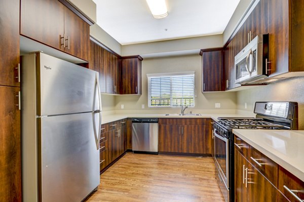 Modern kitchen with stainless steel appliances at Tavera Apartments