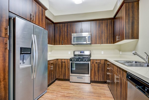 Modern kitchen with sleek cabinetry and stainless steel appliances in Tavera Apartments