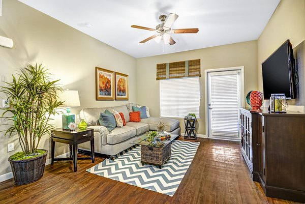Spacious living room with modern furnishings at Tavera Apartments, offering luxury and comfort in a refined setting