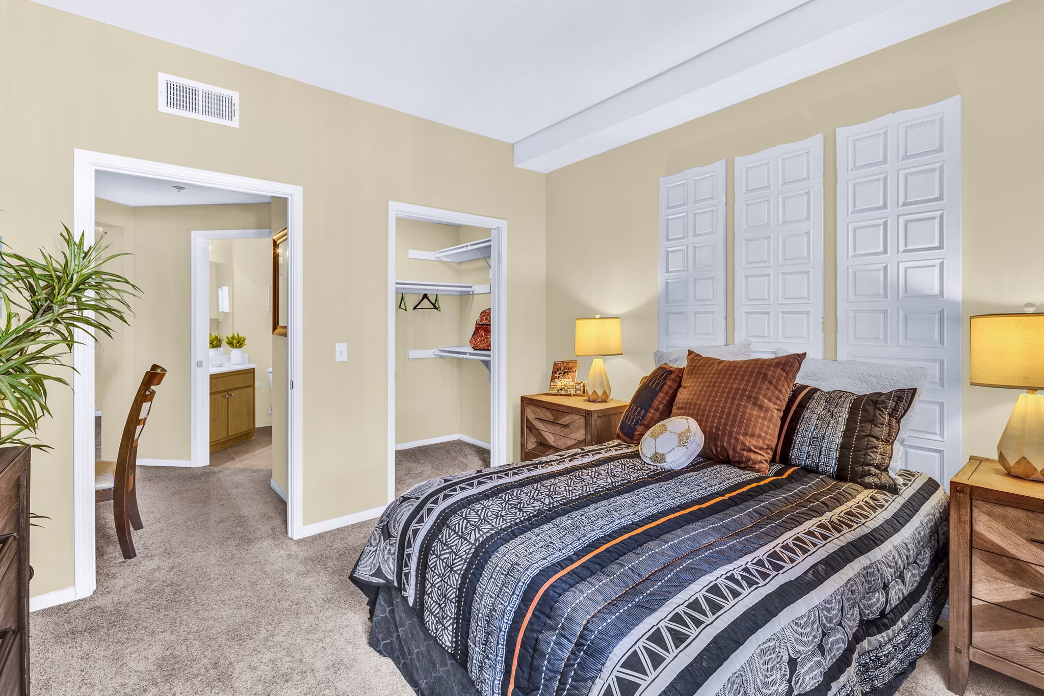 Bright bedroom with stylish decor at Terra Vista Apartments: Luxury living in Chula Vista, CA.