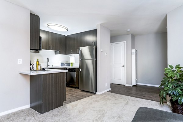 Spacious living room with modern furnishings in Village Square Apartments, luxury living offered by Greystar