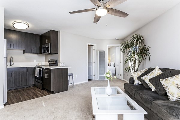Spacious living room with modern decor at Village Square Apartments, offering luxury living in a premier location
