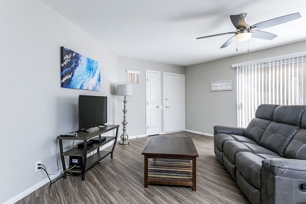 Spacious living room with modern decor in Village Square Apartments