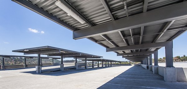 Covered parking area at Vora Mission Valley West Apartments, offering secure vehicle spaces and convenient access for residents