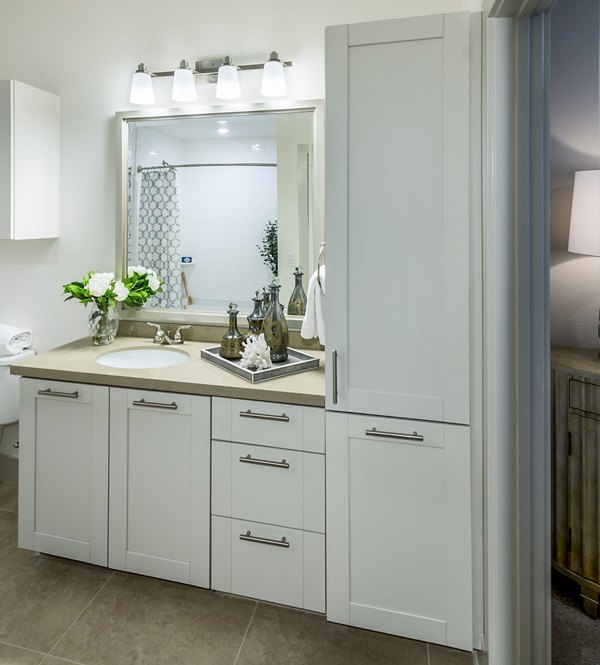 Bathroom featuring modern fixtures and sleek design in Vora Mission Valley West Apartments