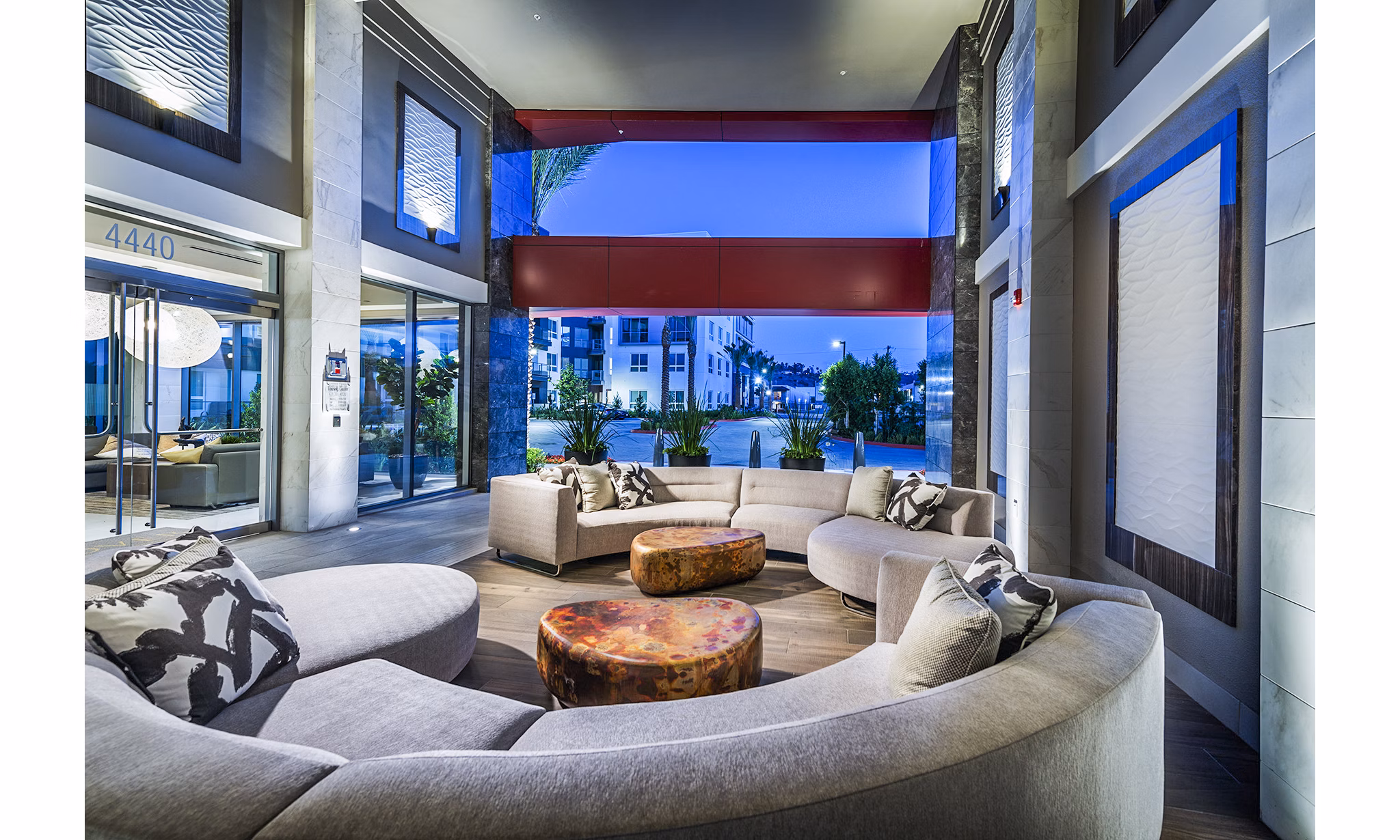 Modern clubhouse with outdoor patio at Vora Mission Valley West Apartments