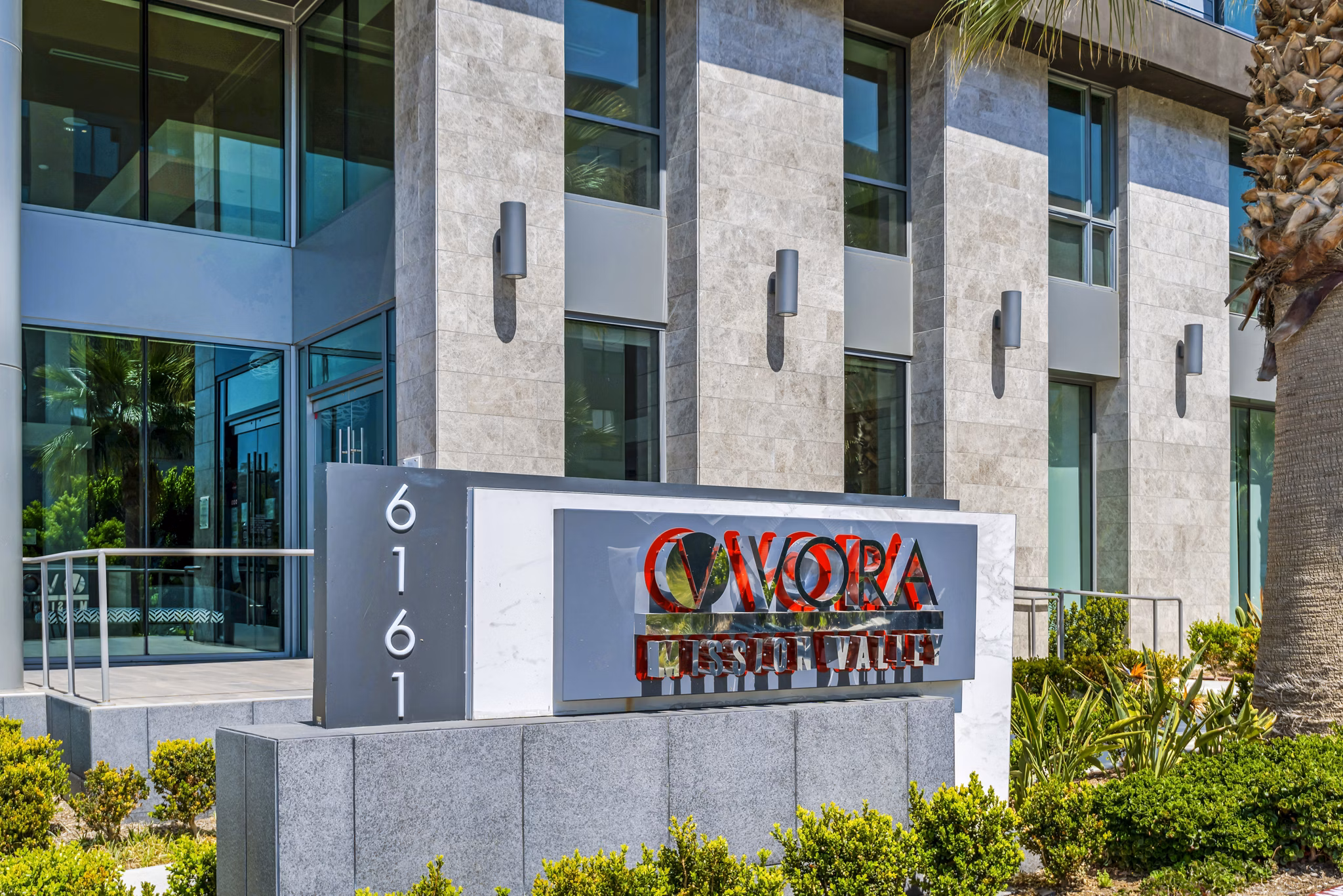 Vora Mission Valley East Apartments: Signage showcasing modern luxury apartments in San Diego