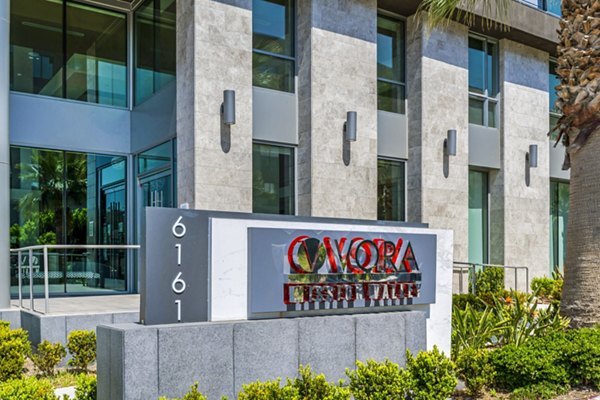Vora Mission Valley East Apartments: Signage showcasing modern luxury apartments in San Diego
