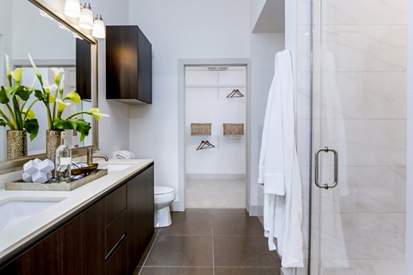 Elegant bathroom featuring modern fixtures at Vora Mission Valley East Apartments