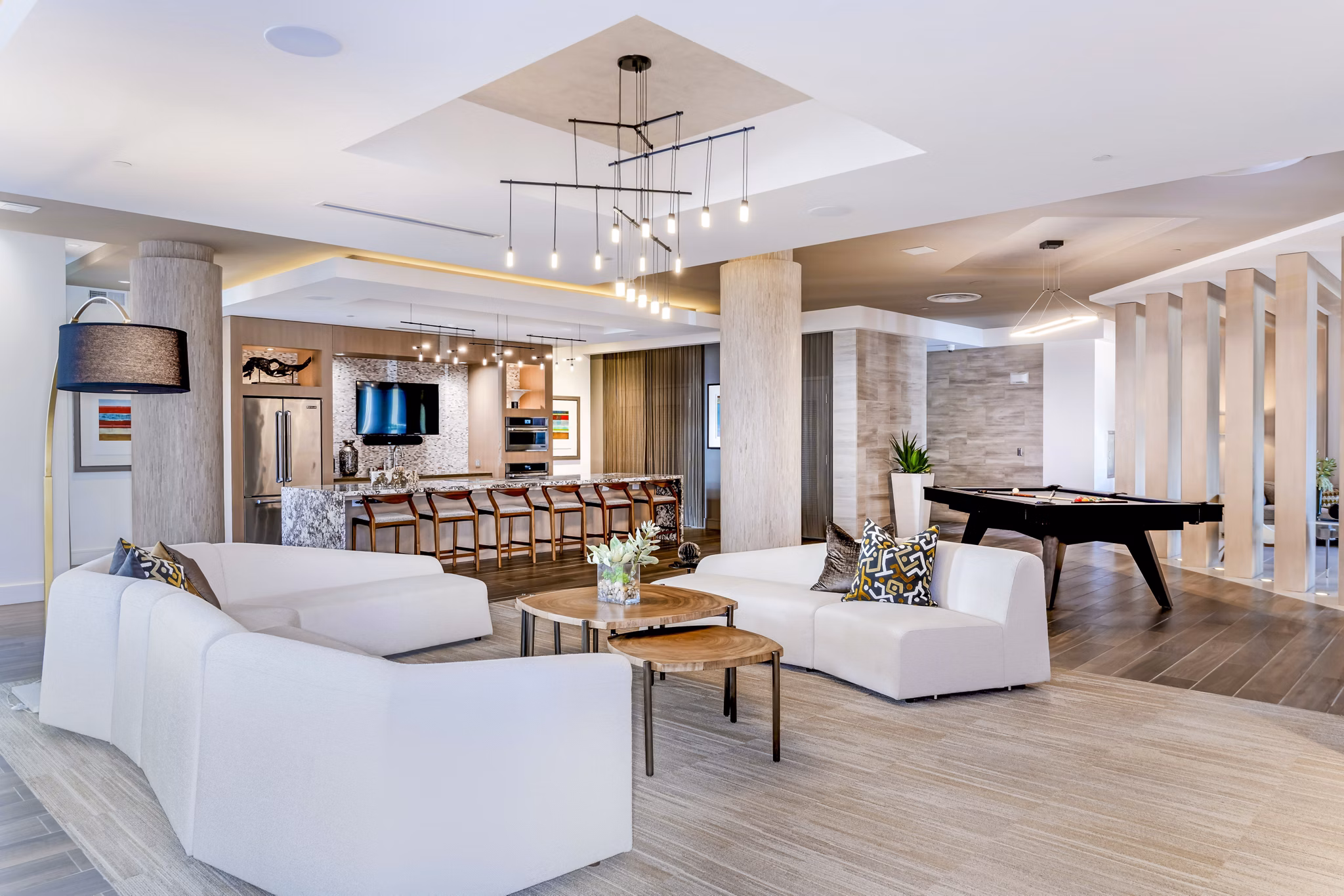 Modern clubhouse at Vora Mission Valley East Apartments featuring luxurious seating and social areas