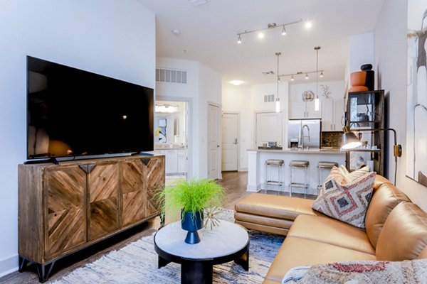 Spacious living room with modern decor at Vora Mission Valley East Apartments