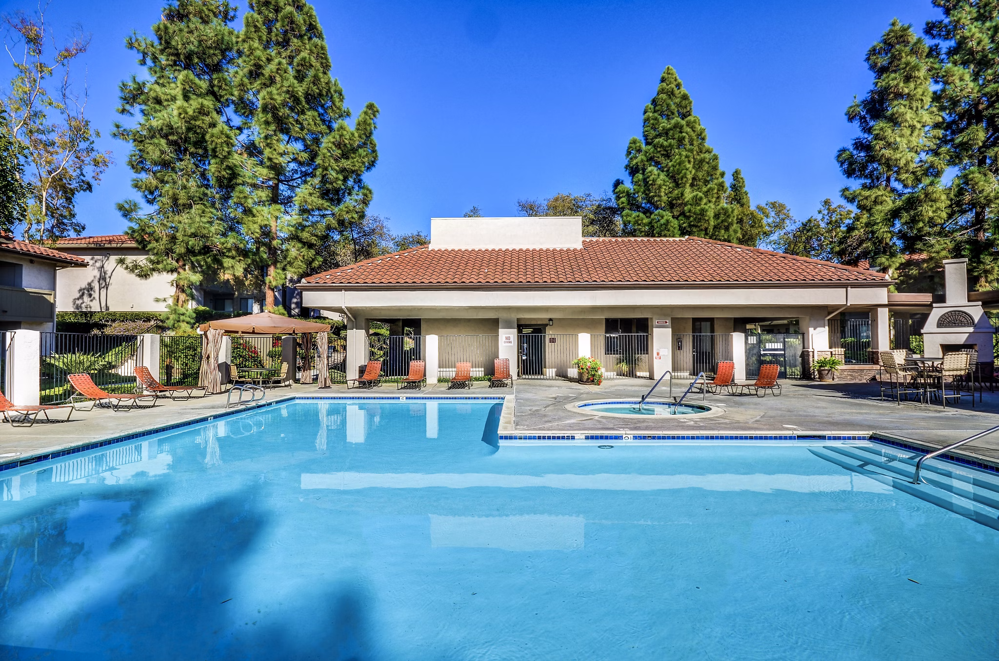 Peaceful outdoor pool at Shadowridge Woodbend Apartments with surrounding greenery