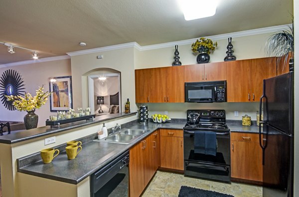 Contemporary kitchen with stainless steel appliances and granite countertops at Ridgestone Apartments