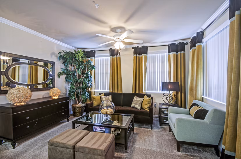 Spacious living room with modern furnishings at Ridgestone Apartments