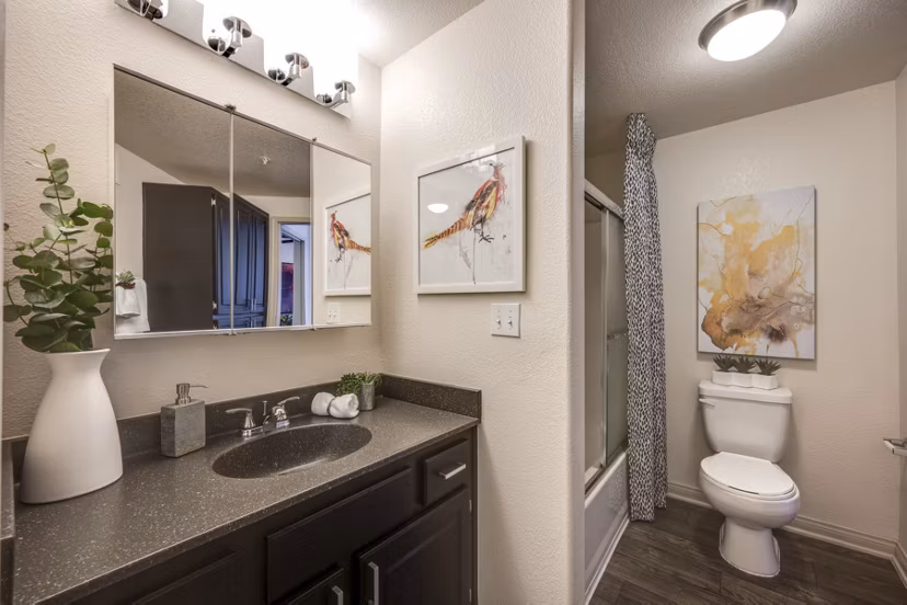 Elegant bathroom with marble countertops and modern fixtures at Solana Ridge Apartments