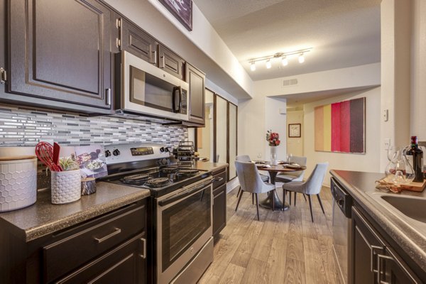 Contemporary kitchen featuring stainless steel appliances and granite countertops at Solana Ridge Apartments