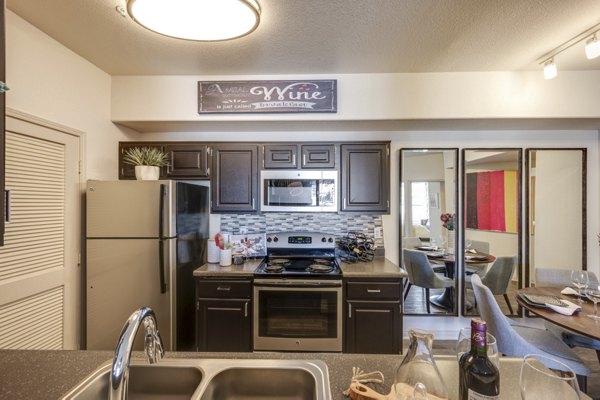 Contemporary kitchen with granite countertops and stainless steel appliances at Solana Ridge Apartments