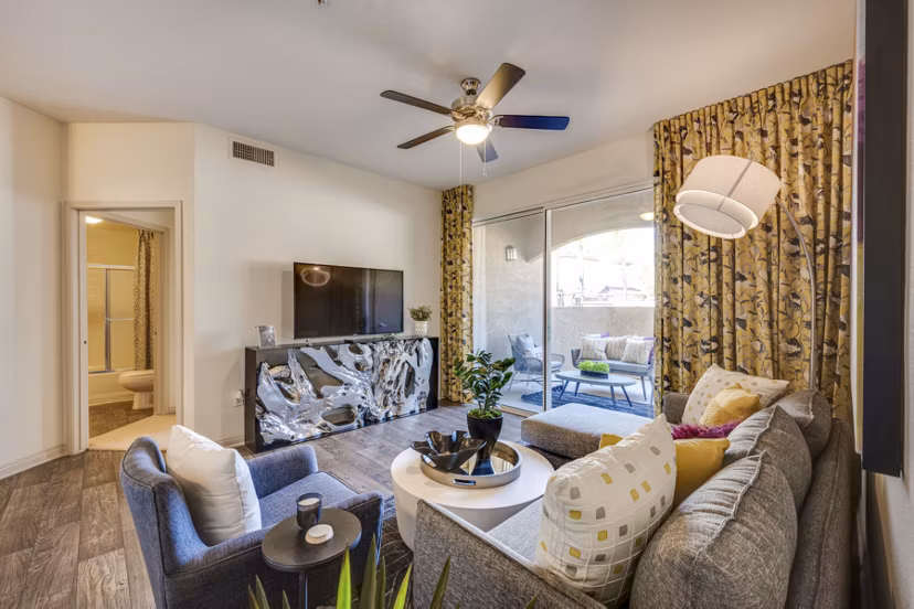 Stylish living room with modern furnishings and open layout at Solana Ridge Apartments