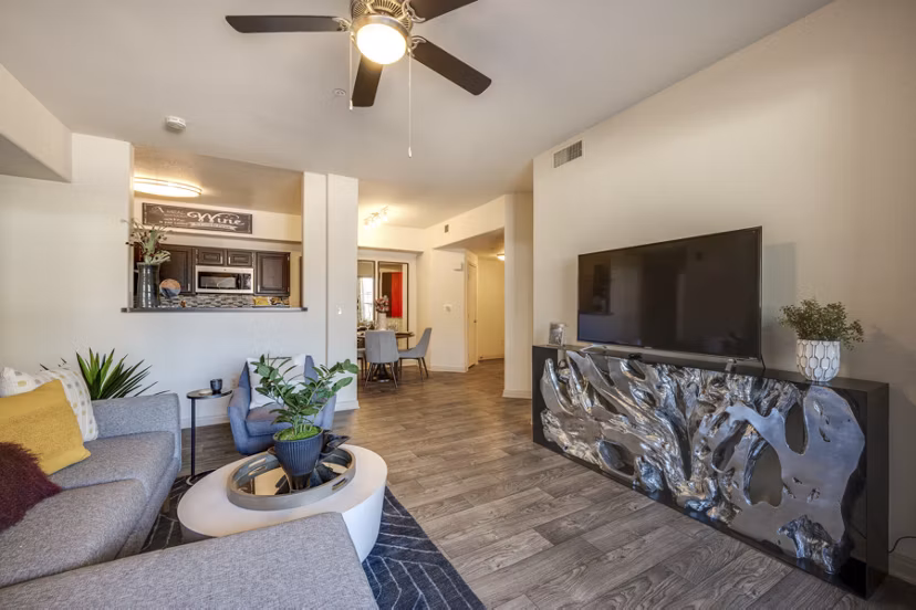 Spacious living room with modern decor at Solana Ridge Apartments, luxury living by Greystar
