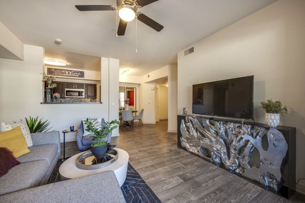 Spacious living room with modern decor at Solana Ridge Apartments, luxury living by Greystar