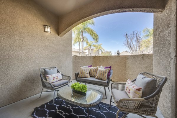 Spacious patio with modern furniture at Solana Ridge Apartments, ideal for outdoor relaxation