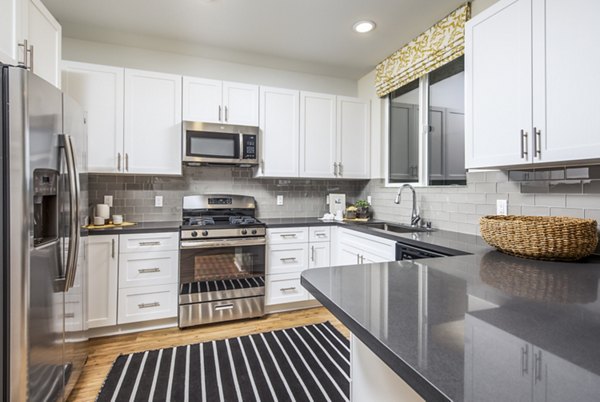 Kitchen featuring modern appliances and sleek countertops at Sorano Apartments