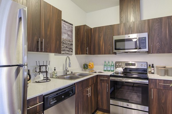 Modern kitchen with stainless steel appliances in Britton Place Apartments, an elegant Greystar luxury community in Lacey, WA