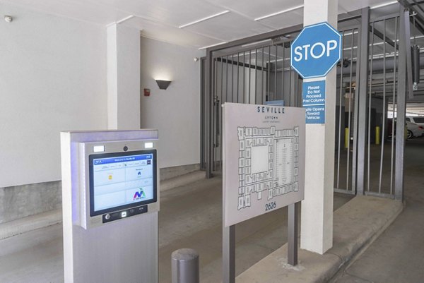 Covered parking garage at Seville Uptown Apartments offering secure luxury apartment living options