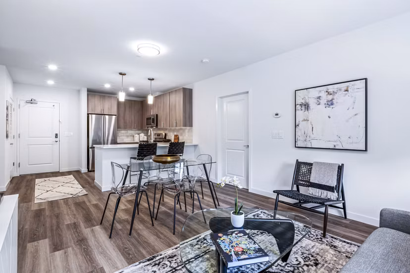 Dining room with elegant furnishings at The Park at Woodbridge Station Apartments