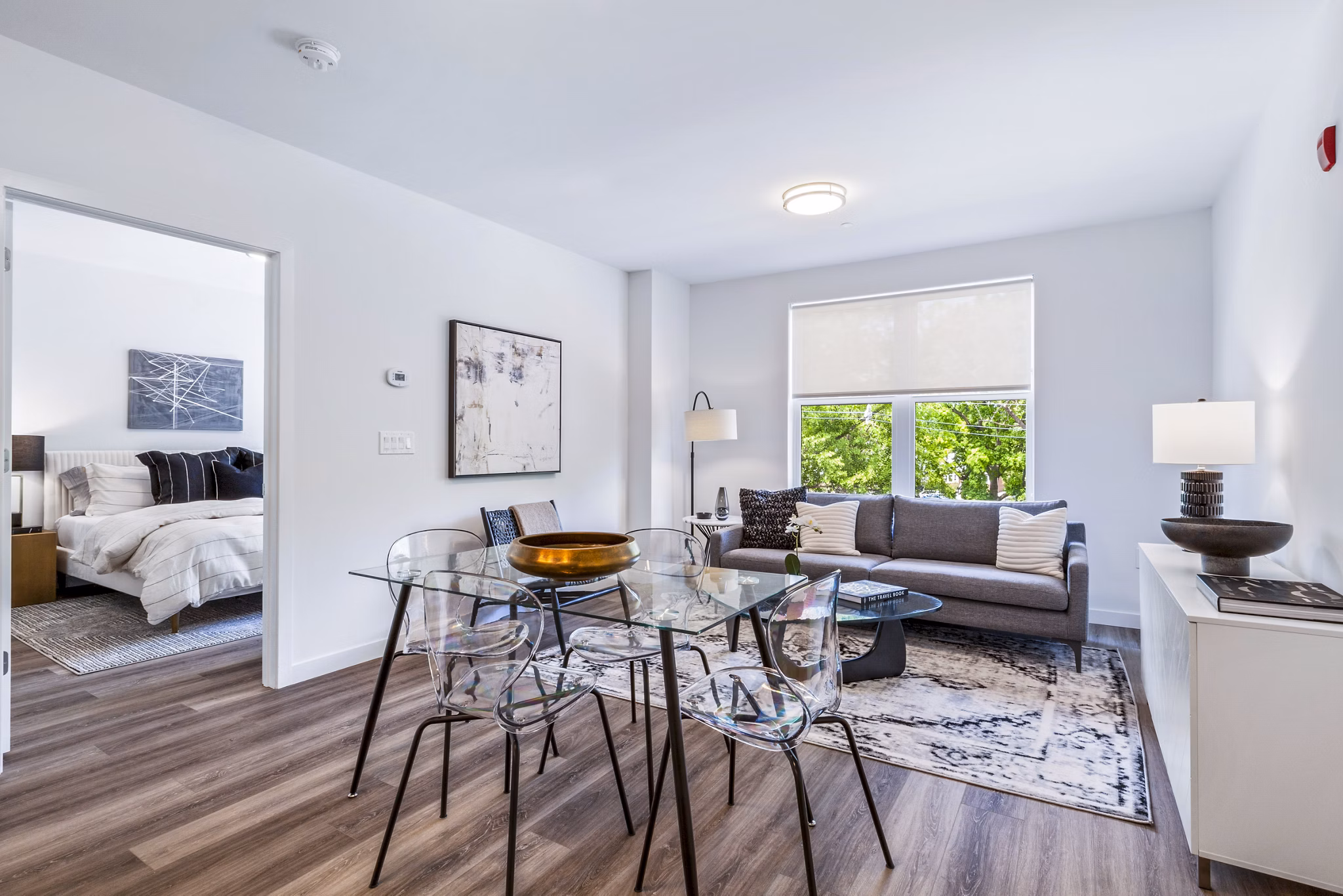 Dining room featuring modern decor at The Park at Woodbridge Station Apartments Ideal for luxury living in a Greystar community