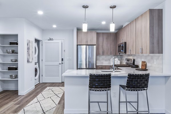 Modern kitchen with stainless steel appliances at The Park at Woodbridge Station Apartments