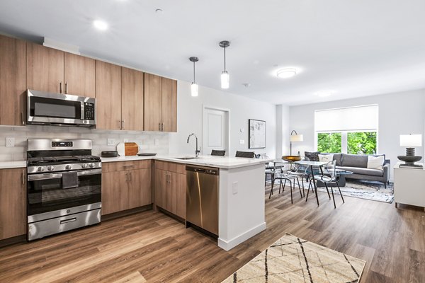 Modern kitchen with stainless steel appliances at The Park at Woodbridge Station Apartments