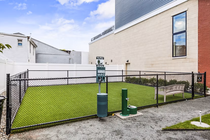 Fenced dog park with agility equipment at The Park at Woodbridge Station Apartments