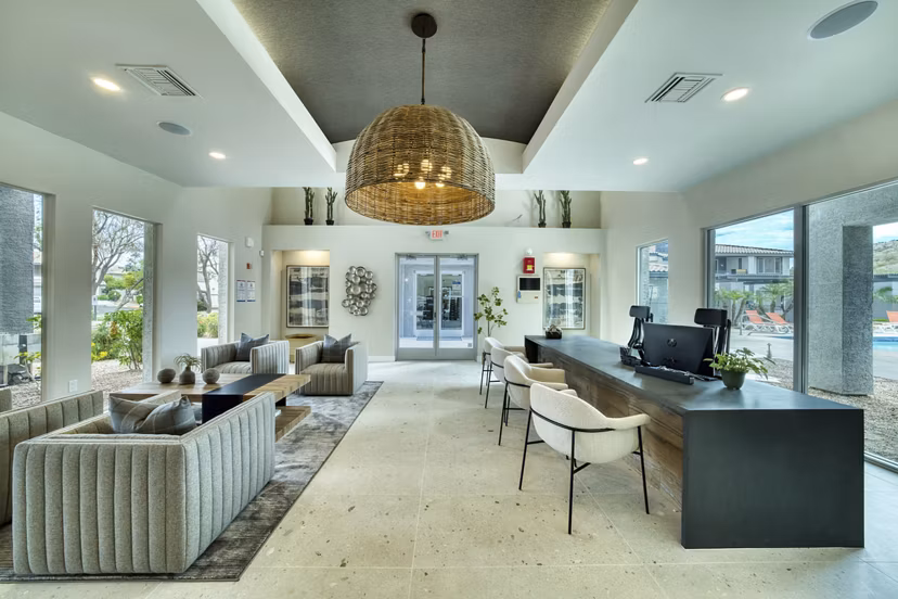 Clubhouse with modern decor at Mountainside Apartments offers a luxurious gathering space for residents