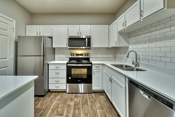 Modern kitchen with stainless steel appliances in Mountainside Apartments