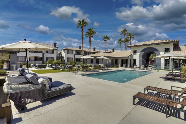 Stunning outdoor pool with mountain views at Mountainside Apartments