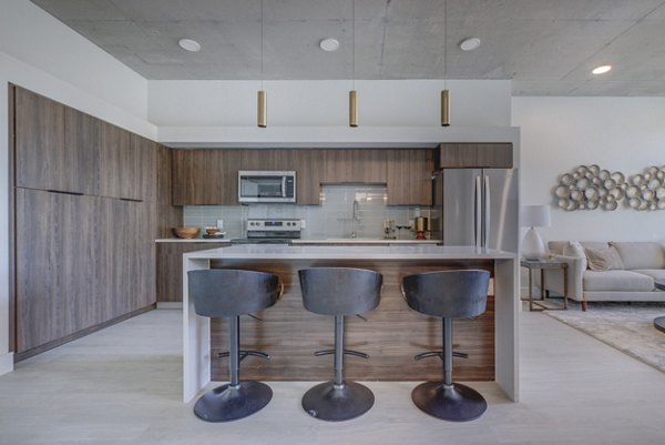 Modern kitchen with stainless steel appliances at The Charles Apartments, luxury homes by Greystar