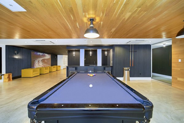 Clubhouse game room featuring billiards and lounge seating at 1209 Dekalb Apartments, a luxury living community