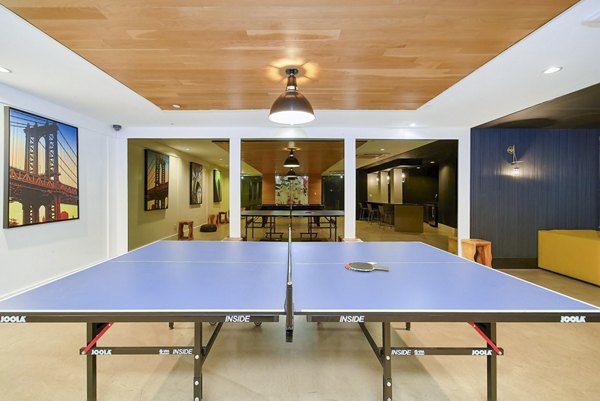 Clubhouse game room with billiards table at 1209 Dekalb Apartments featuring stylish decor and ample seating for relaxation and socializing